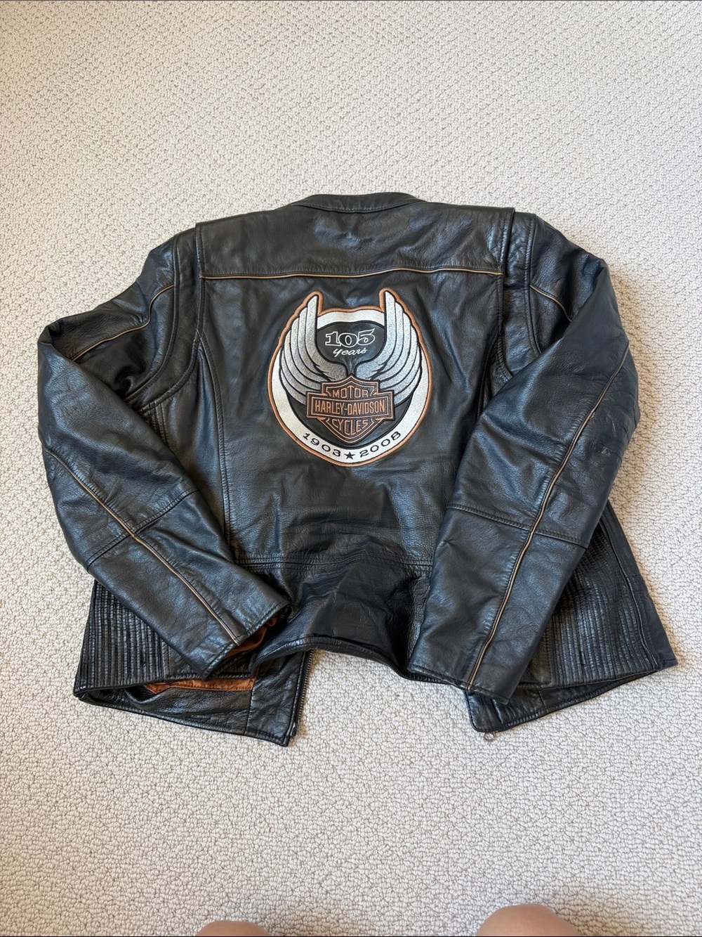 Harley-Davidson Black Leather Bomber Jacket with Brown Lining - Picture 6 of 7